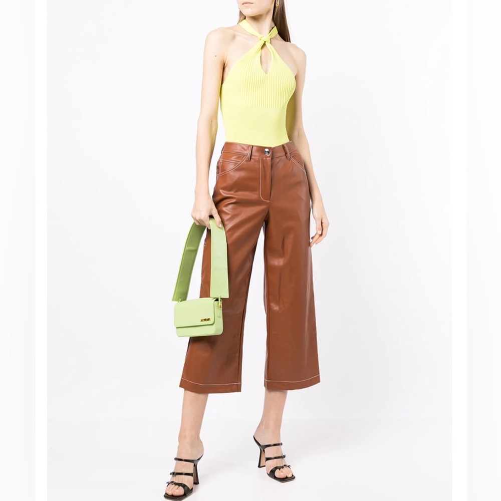 Staud NWOT Cropped Domino Vegan Leather Wide Leg Pant in Whiskey Size 0 - Picture 2 of 16